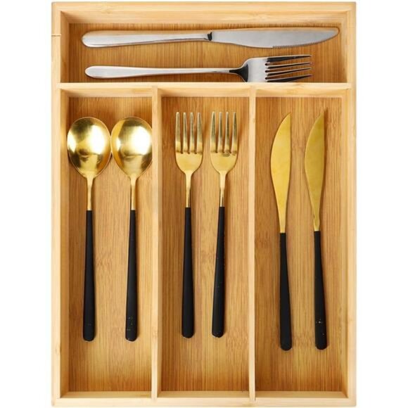 Bamboo drawer organizer silverware tray utensil holder cutlery storage divider - Picture 1 of 7